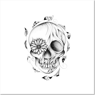 Poetic Wooden Skull B&W Posters and Art